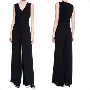 Vince 10 Black Double-V Neck Sleeveless Wide Leg Culotte Jumpsuit with Pockets